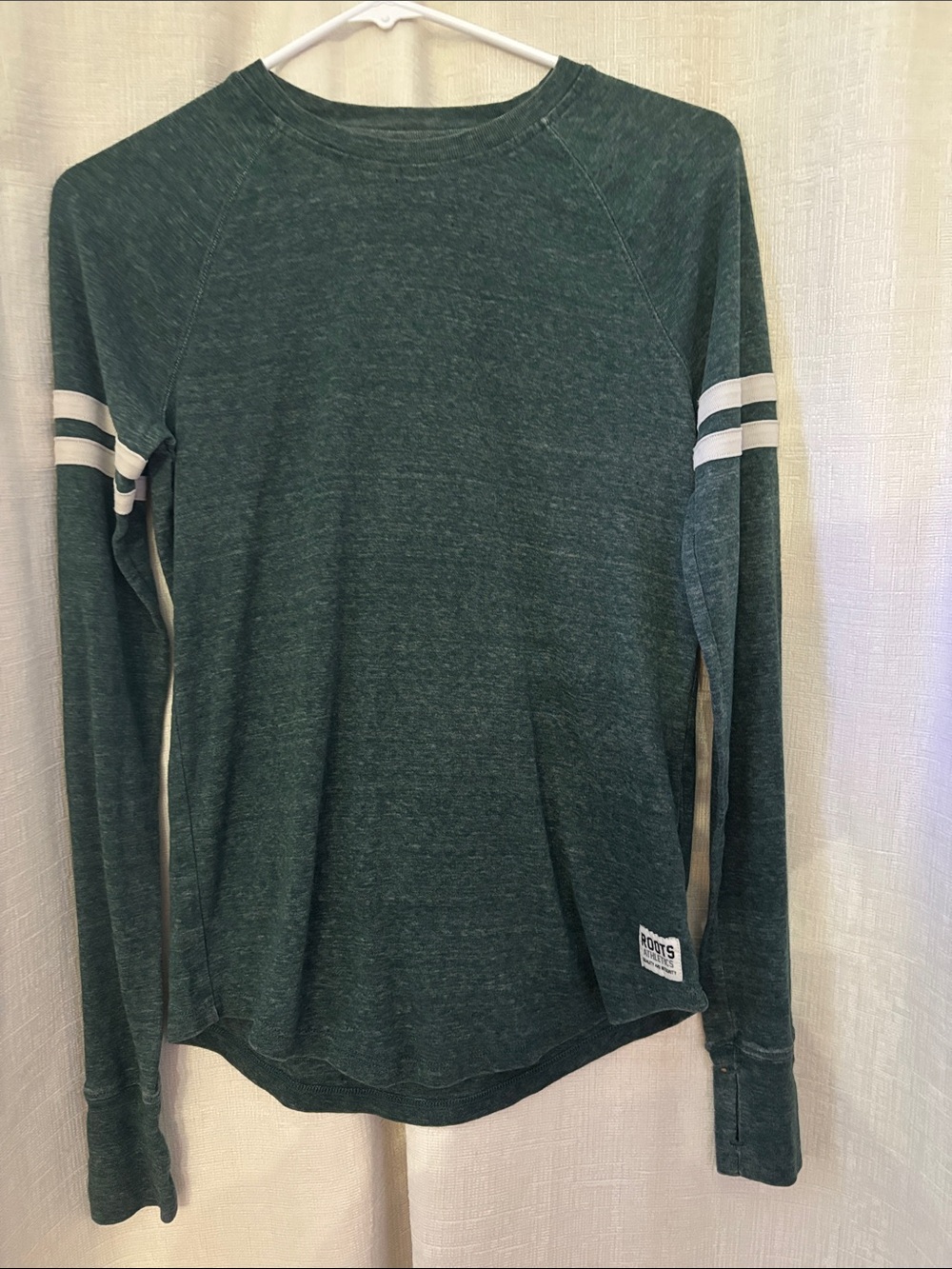 Roots Heather Forest Green Crewneck with White Sleeve Stripes